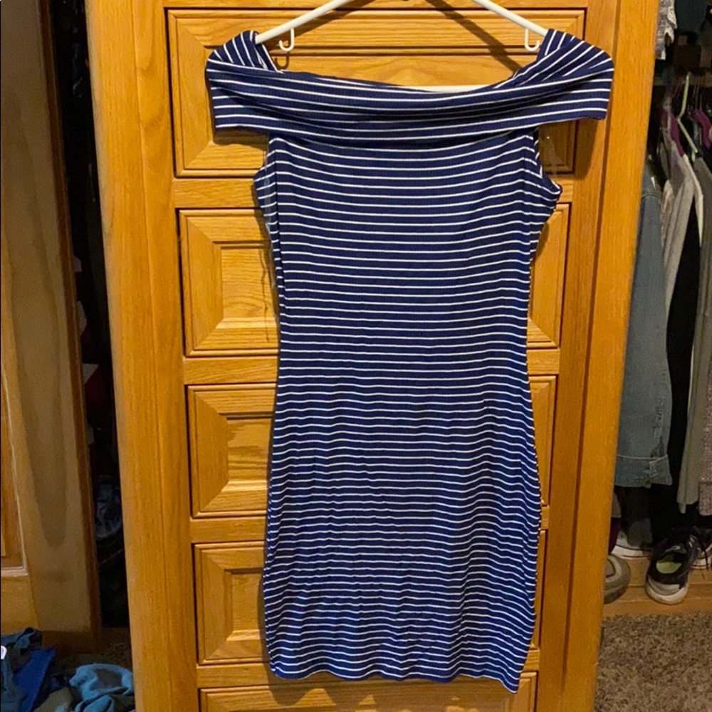 Blue and white striped dress